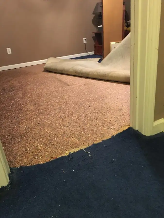 Carpet pad removal revealing water damage during Water Mitigation Services in Lufkin